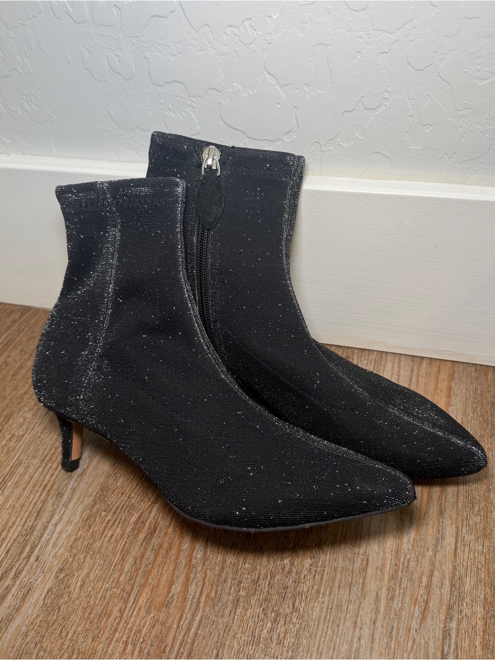Rebecca Minkoff Sayres Black Glitter Sock Bootie Size 6.5 Kitten Heel Pointed